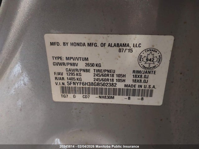 5FNYF6H38GB502382 Honda Pilot Ex
