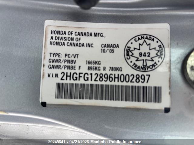 Aukcja sprzedaży 2006 Honda Civic Ex, vin: 2HGFG12896H002897, numer aukcji: 20245841