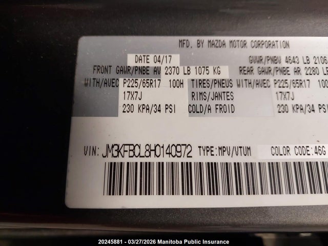 Продаж на аукціоні авто 2017 Mazda Cx-5 Gs, vin: JM3KFBCL8H0140972, номер лоту: 20245881