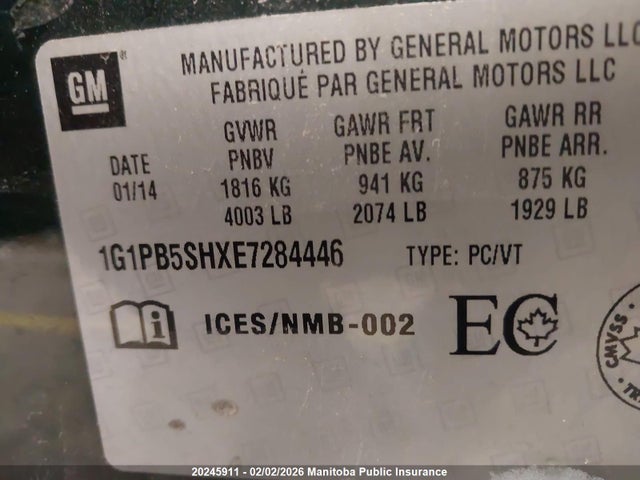 1G1PB5SHXE7284446 Chevrolet CRUZE LS