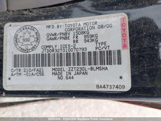 20245938 :رقم المزاد ، JTDDR32T010070793 vin ، 2001 Toyota Celica Gt مزاد بيع
