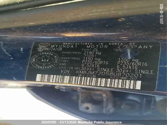 Продажа на аукционе авто 2008 Hyundai Tucson Gl V6, vin: KM8JM72D58U870201, номер лота: 20245990