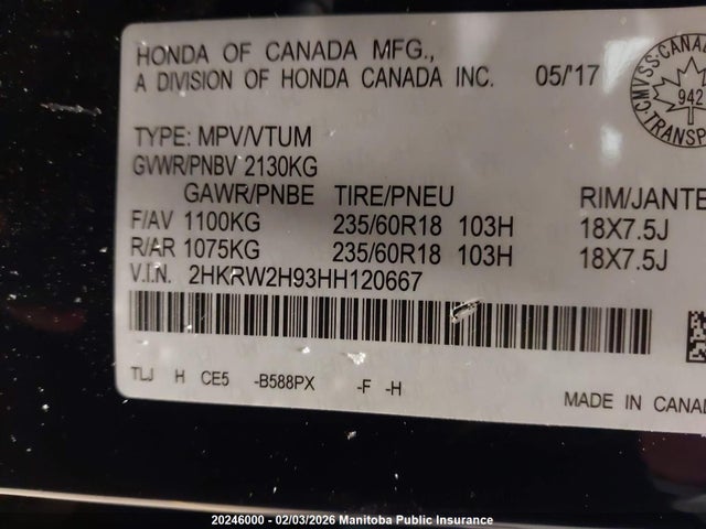 2HKRW2H93HH120667 Honda Cr-v Touring