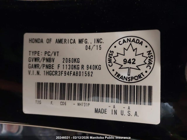 1HGCR3F94FA801562 Honda Accord Ex-l V6
