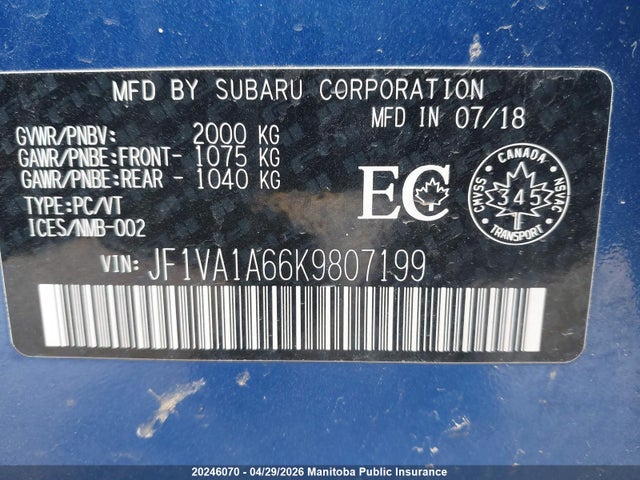 Aukcja sprzedaży 2019 Subaru Wrx, vin: JF1VA1A66K9807199, numer aukcji: 20246070
