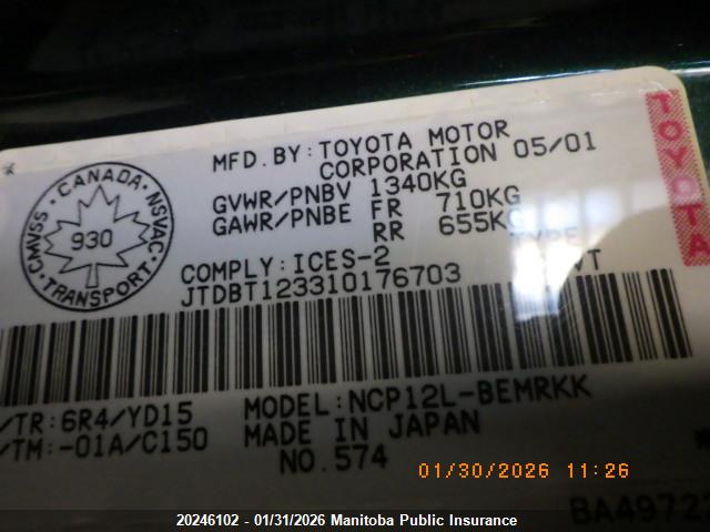 20246102 :رقم المزاد ، JTDBT123310176703 vin ، 2001 Toyota Echo مزاد بيع