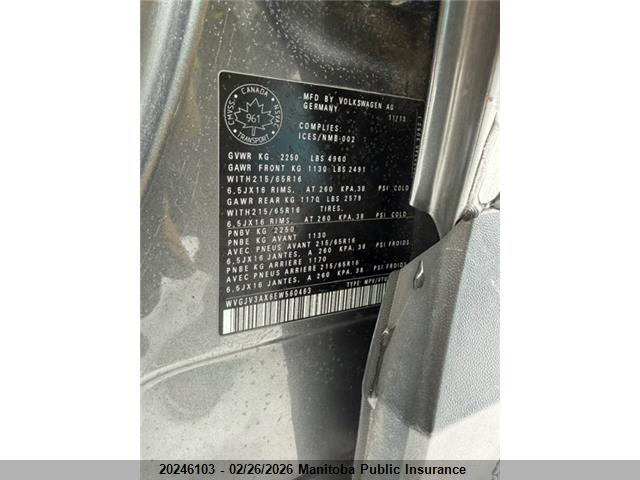 WVGJV3AX6EW560463 Volkswagen Tiguan 2.0 Tsi