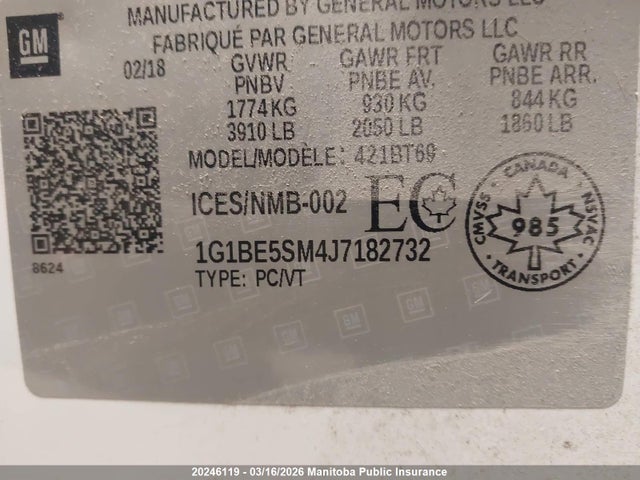1G1BE5SM4J7182732 Chevrolet Cruze Lt Turbo