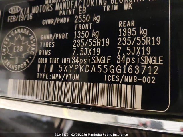 5XYPKDA55GG163712 KIA Sorento Sx V6