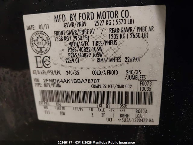 2011 Ford Edge Sport მანქანა იყიდება აუქციონზე, vin: 2FMDK4AK1BBA78707, აუქციონის ნომერი: 20246177