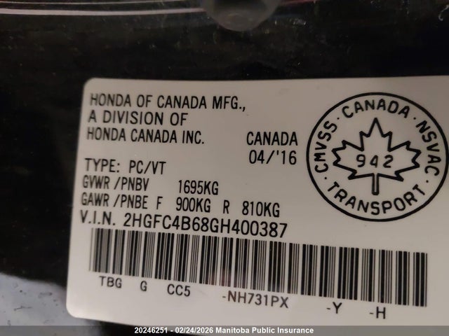 Honda Civic Lx 2016 2HGFC4B68GH400387 Image 9