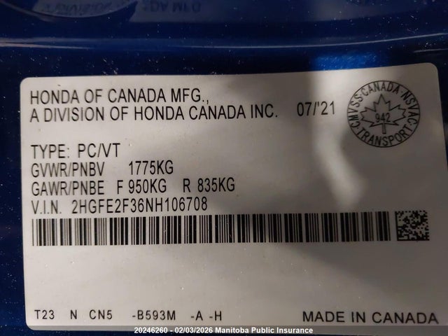 2HGFE2F36NH106708 Honda CIVIC EX