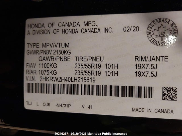 2HKRW2H40LH215619 Honda Cr-v Sport