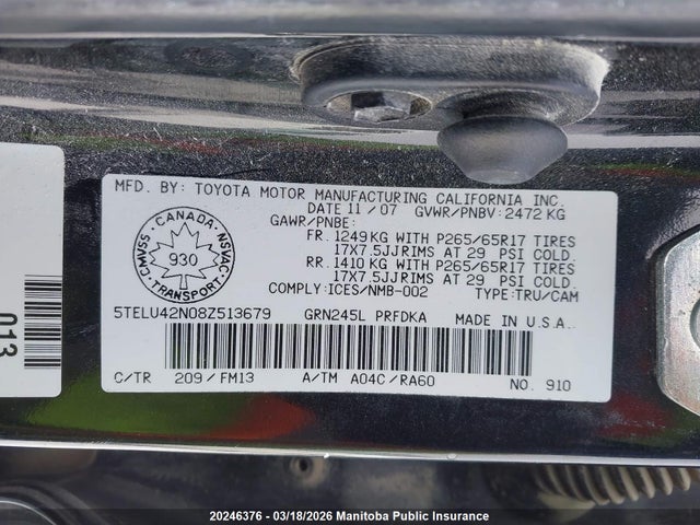 Aukcja sprzedaży 2008 Toyota Tacoma Double Cab V6, vin: 5TELU42N08Z513679, numer aukcji: 20246376