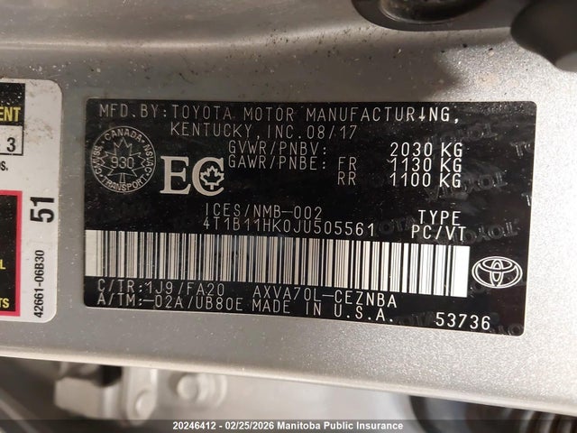 4T1B11HK0JU505561 Toyota CAMRY LE