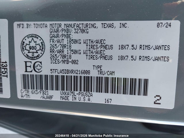 20246418 :رقم المزاد ، 5TFLA5DBXRX216008 vin ، 2024 Toyota Tundra Sr5 V6 Crewmax مزاد بيع
