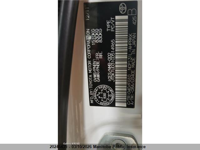 Aukcja sprzedaży 2012 Toyota Yaris Le, vin: JTDKTUD31CD514965, numer aukcji: 20246435