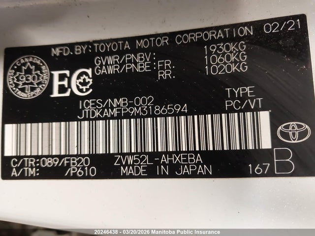 JTDKAMFP9M3186594 Toyota PRIUS PRIME