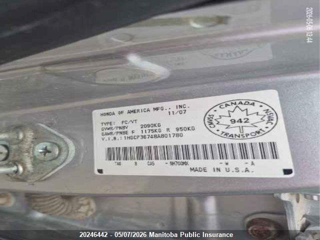Продаж на аукціоні авто 2008 Honda Accord Ex-v6, vin: 1HGCP36748A801780, номер лоту: 20246442