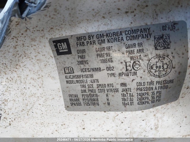 2015 Buick Encore მანქანა იყიდება აუქციონზე, vin: KL4CJHSB8FB150789, აუქციონის ნომერი: 20246471