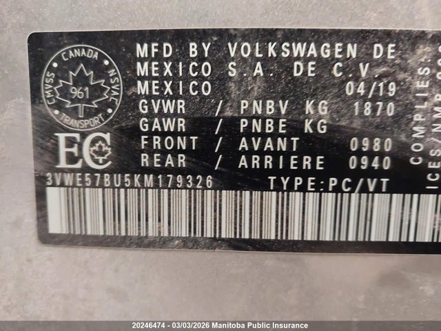 3VWE57BU5KM179326 Volkswagen Jetta 1.4 Tsi