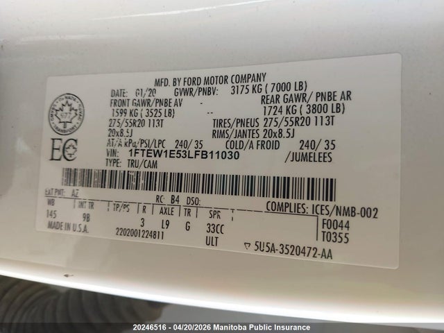 2020 Ford F150 Platinum Supercrew მანქანა იყიდება აუქციონზე, vin: 1FTEW1E53LFB11030, აუქციონის ნომერი: 20246516