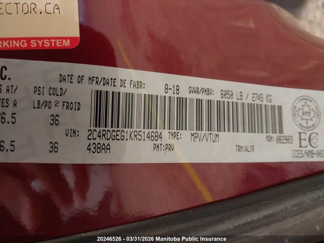 Aukcja sprzedaży 2019 Dodge Grand Caravan Gt, vin: 2C4RDGEG1KR514684, numer aukcji: 20246526