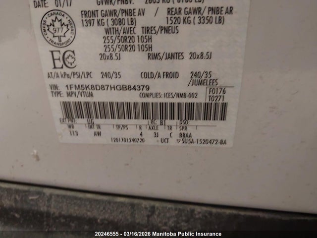 1FM5K8D87HGB84379 Ford EXPLORER XLT