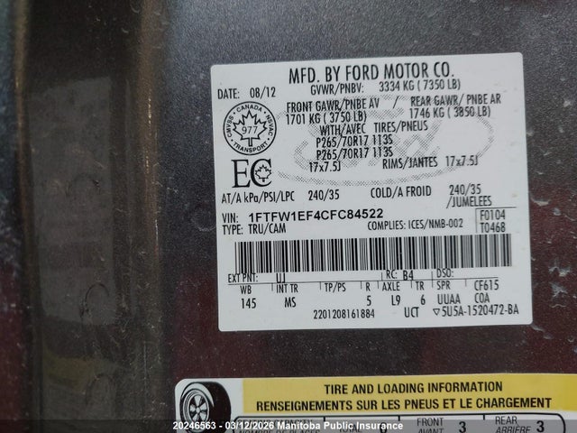 Продажа на аукционе авто 2012 Ford F150 Fx4 Supercrew, vin: 1FTFW1EF4CFC84522, номер лота: 20246563