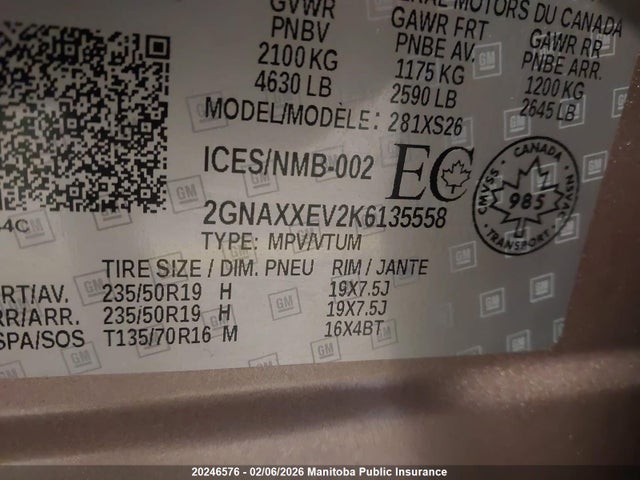 20246576 :رقم المزاد ، 2GNAXXEV2K6135558 vin ، 2019 Chevrolet Equinox Lt مزاد بيع