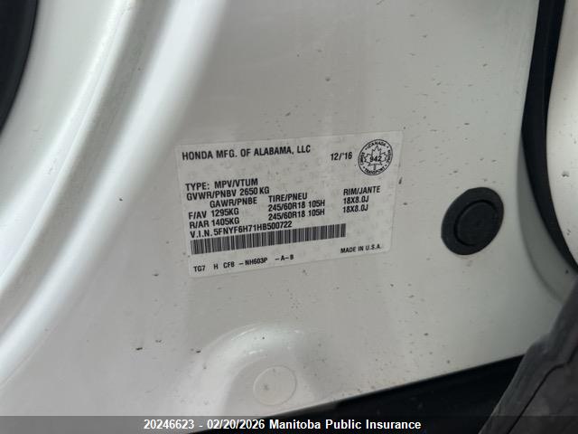 5FNYF6H71HB500722 Honda Pilot Ex-l
