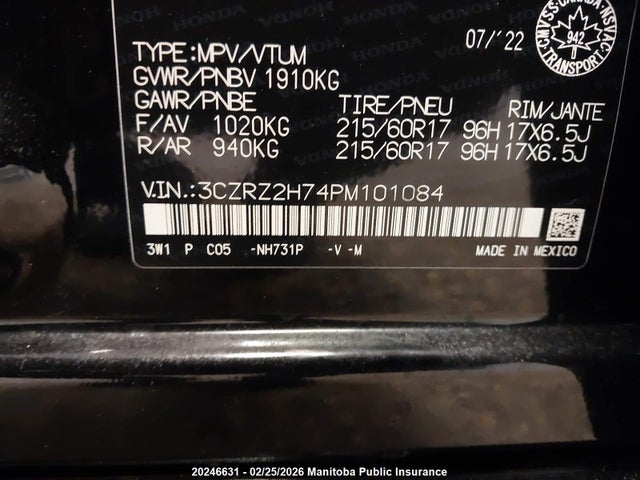 3CZRZ2H74PM101084 Honda Hr-v Ex-l