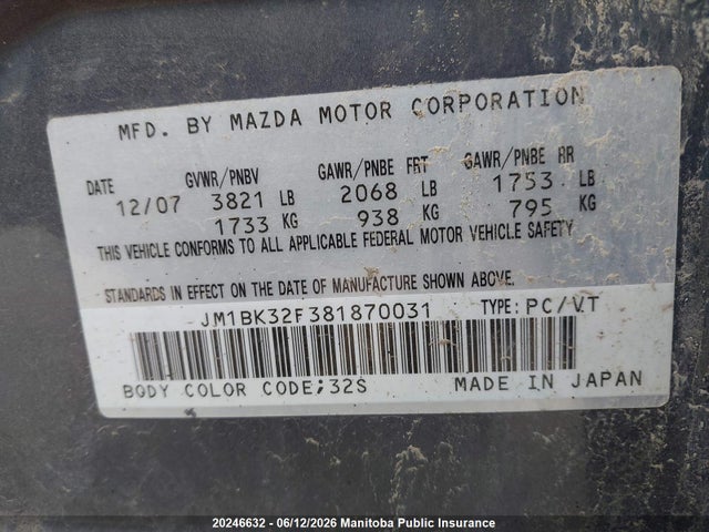 20246632 :رقم المزاد ، JM1BK32F381870031 vin ، 2008 Mazda Mazda3 Gs مزاد بيع