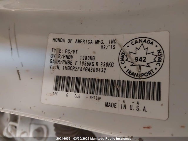 1HGCR2F84GA800432 Honda Accord Ex-l