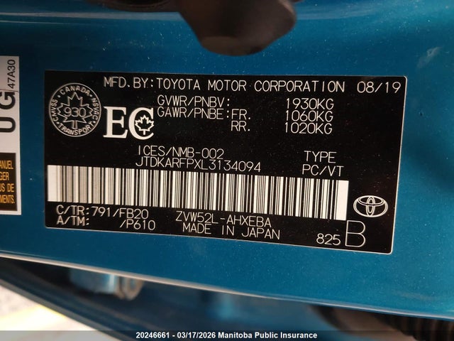Aukcja sprzedaży 2020 Toyota Prius Prime, vin: JTDKARFPXL3134094, numer aukcji: 20246661