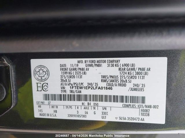 Продажа на аукционе авто 2020 Ford F-series, vin: 1FTEW1EP2LFA01846, номер лота: 20246687