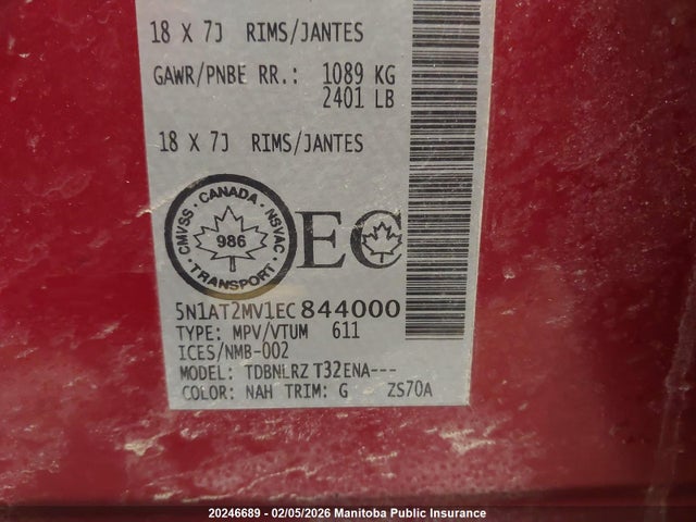 5N1AT2MV1EC844000 Nissan Rogue Sl