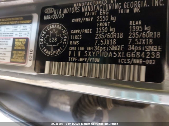 5XYPHDA5XLG684238 KIA Sorento Ex V6