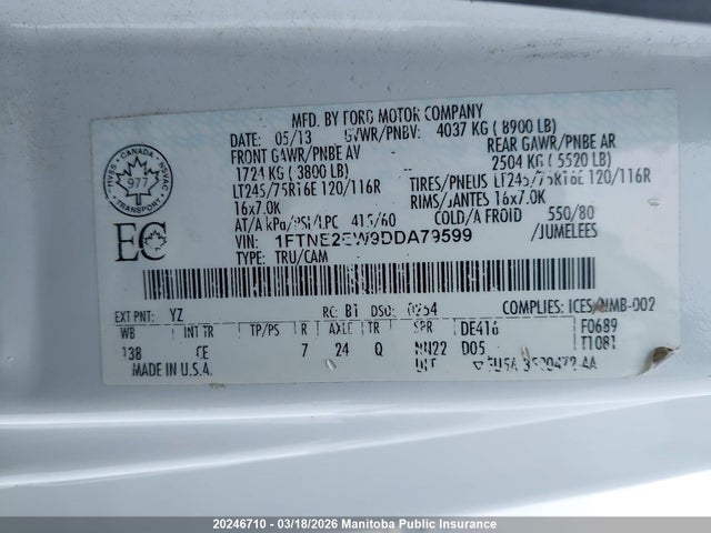 2013 Ford E250 Econoline Cargo მანქანა იყიდება აუქციონზე, vin: 1FTNE2EW9DDA79599, აუქციონის ნომერი: 20246710
