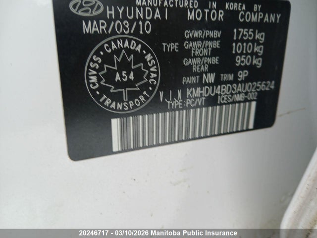 20246717 :رقم المزاد ، KMHDU4BD3AU025624 vin ، 2010 Hyundai Elantra Gl مزاد بيع