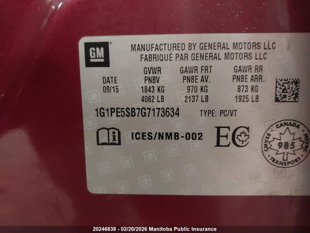 1G1PE5SB7G7173634 Chevrolet Cruze Lt Turbo