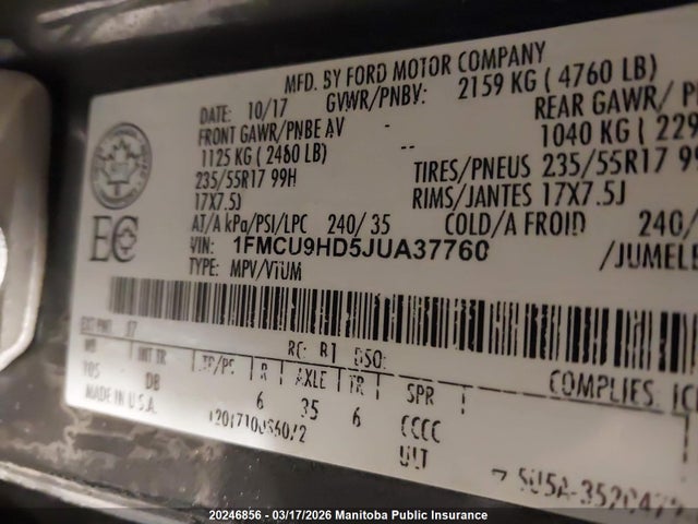 1FMCU9HD5JUA37760 Ford ESCAPE SEL