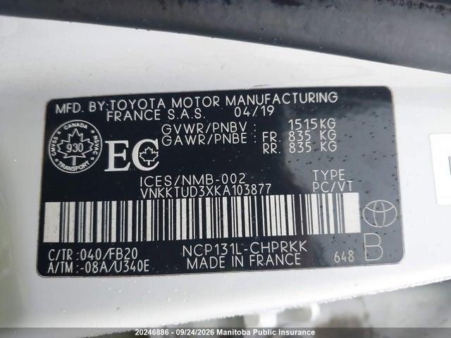 20246886 :رقم المزاد ، VNKKTUD3XKA103877 vin ، 2019 Toyota Yaris Le مزاد بيع