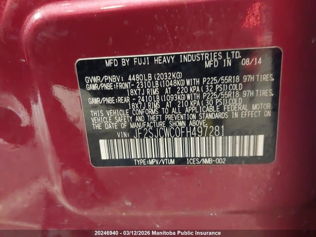 Aukcja sprzedaży 2015 Subaru Forester 2.5i, vin: JF2SJCWC0FH497281, numer aukcji: 20246940