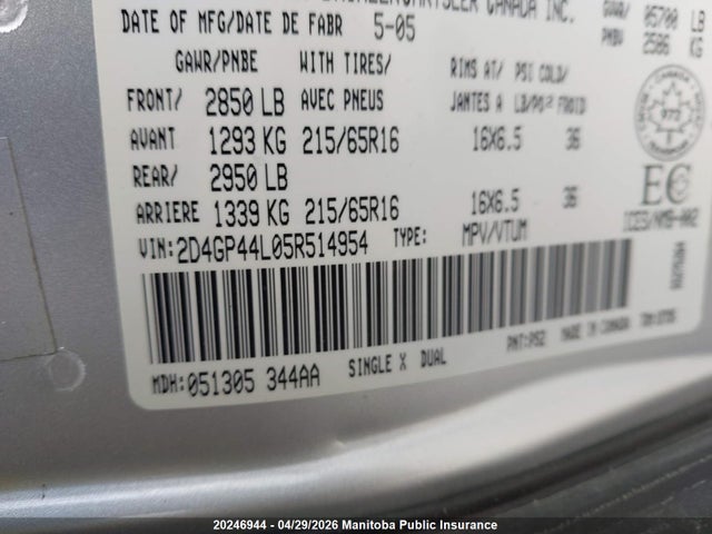 Продажа на аукционе авто 2005 Dodge Grand Caravan Sxt, vin: 2D4GP44L05R514954, номер лота: 20246944