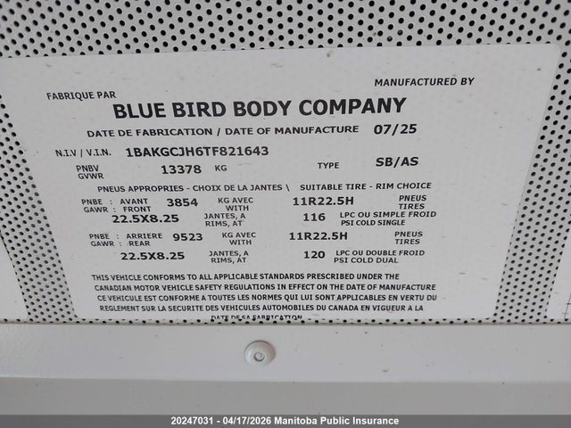 1BAKGCJH6TF821643 Bluebird Vision