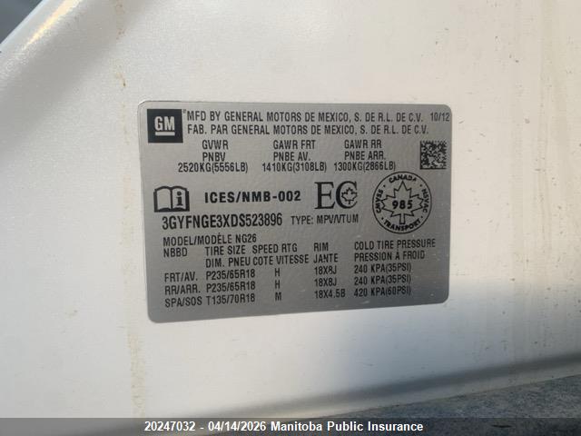 Продаж на аукціоні авто 2013 Cadillac Srx V6, vin: 3GYFNGE3XDS523896, номер лоту: 20247032