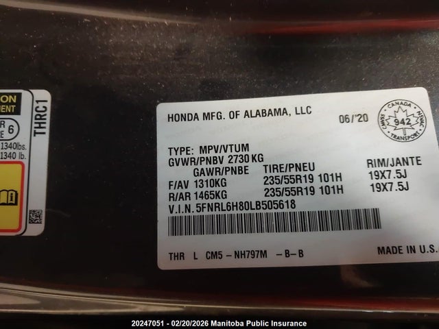 5FNRL6H80LB505618 Honda Odyssey Touring