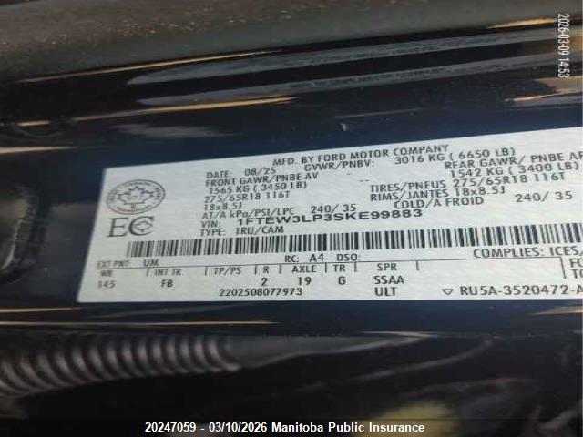 2025 Ford F150 Xlt Supercrew მანქანა იყიდება აუქციონზე, vin: 1FTEW3LP3SKE99883, აუქციონის ნომერი: 20247059