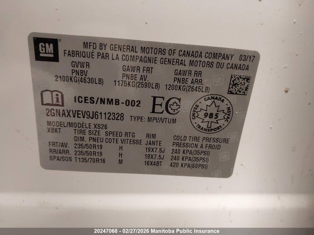 2GNAXVEV9J6112328 Chevrolet Equinox Premier